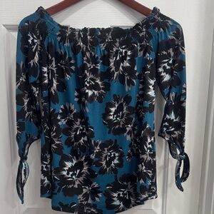 White House Black Market Teal and Black Floral Blouse